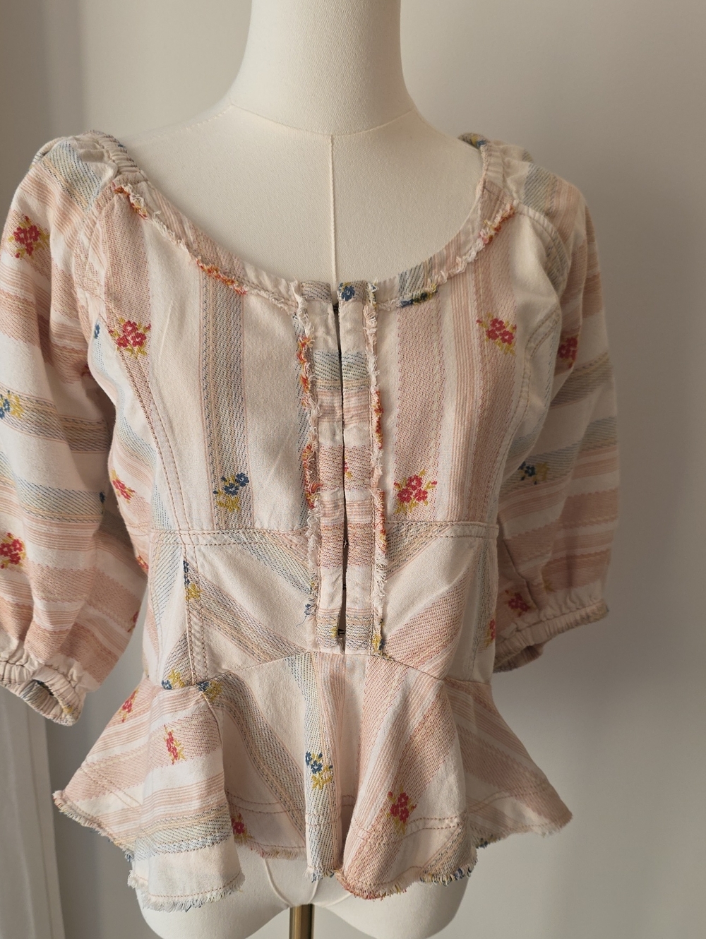 Pilcro Peach-Striped Floral Peplum Blouse